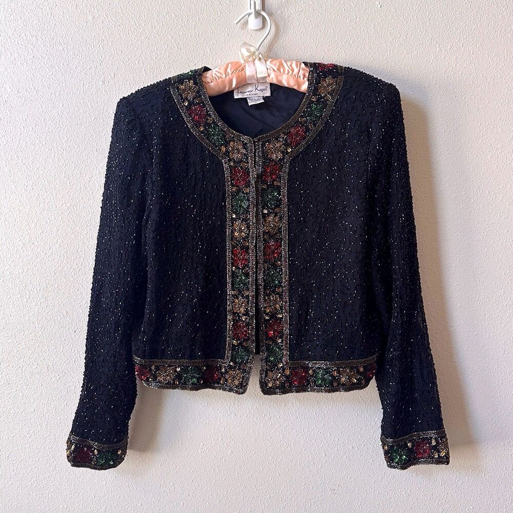 Vintage Laurence Kazar New York Black Silk Beaded Jacket Large Embellished 90s - Picture 2 of 5